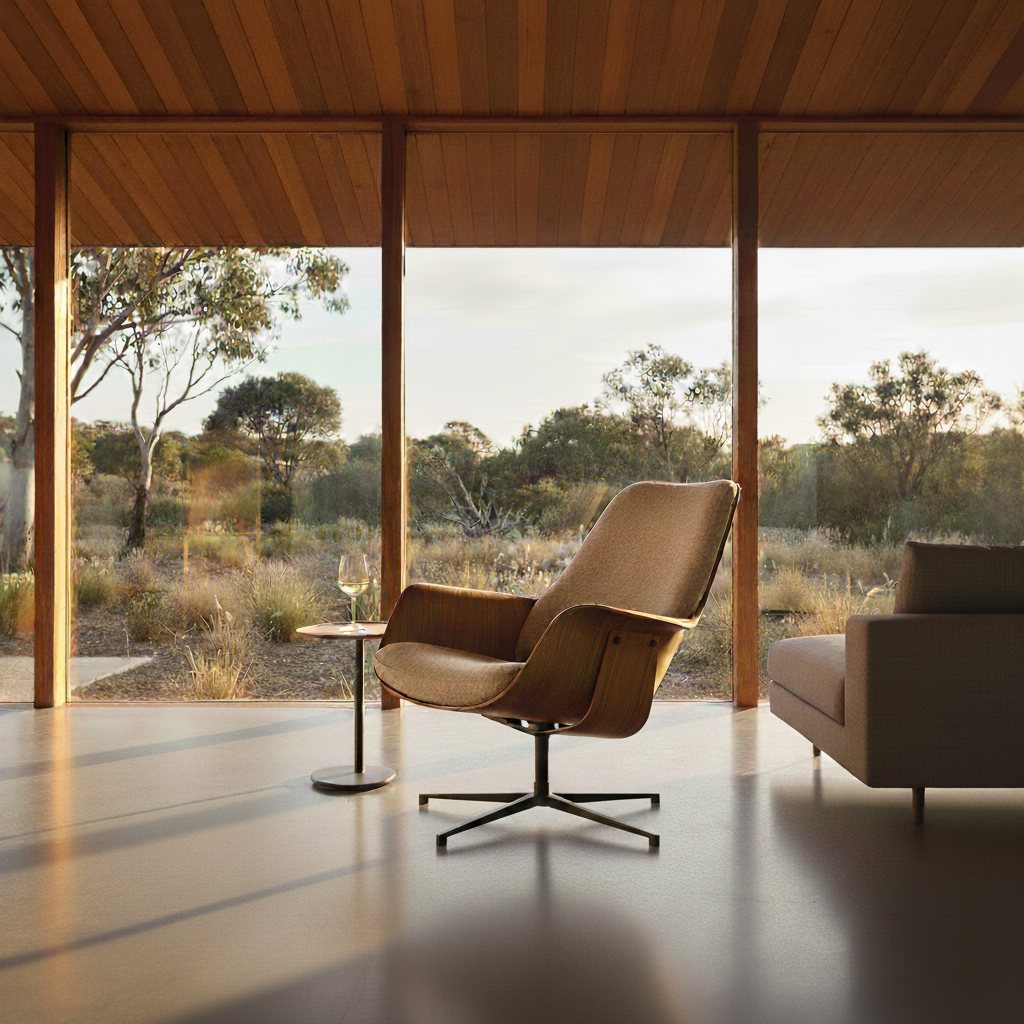 Visualisation of The Sundowner lounge chair, laminated Tasmanian Oak shell on a steel swivel base, in a timber-framed interior